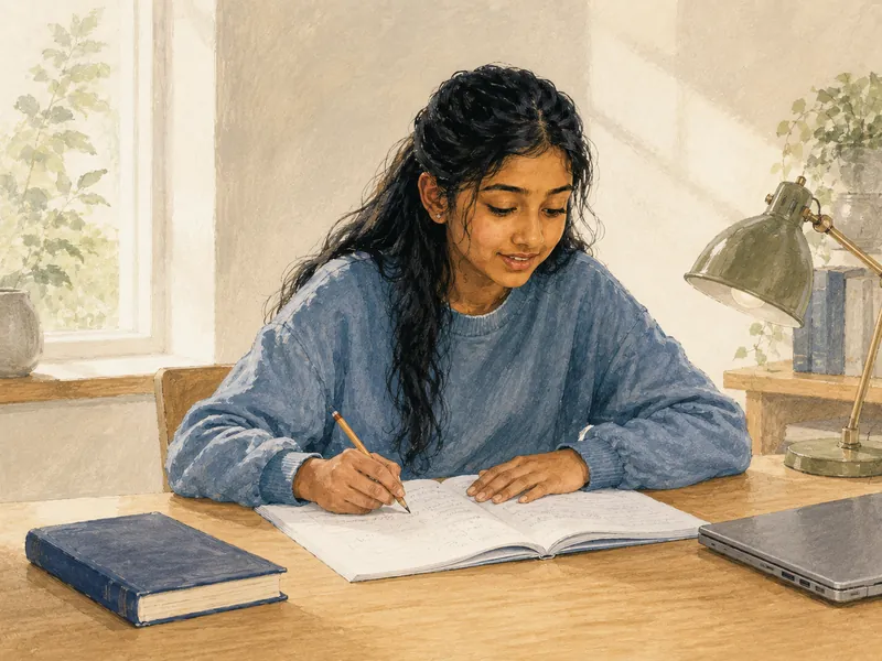Illustration of a student working through an exercise independently at her desk